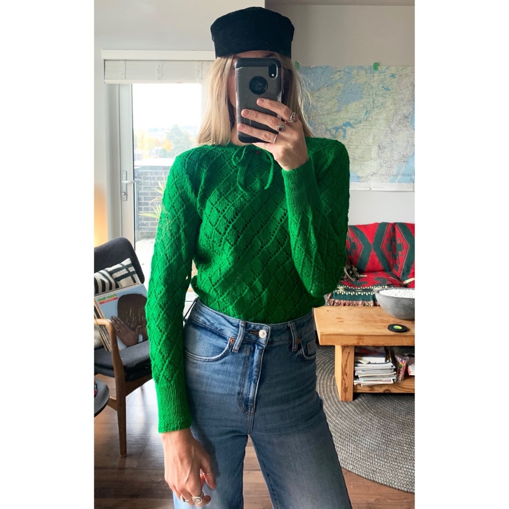Vintage Green Knit Crochet Sweater Pullover Jumper - Picture 3 of 10